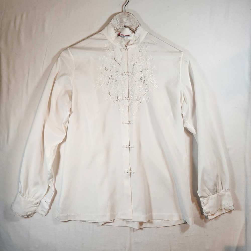 Rose Brand Vintage Hand Embroidered White Floral Cutwork Blouse Frog Closure 38